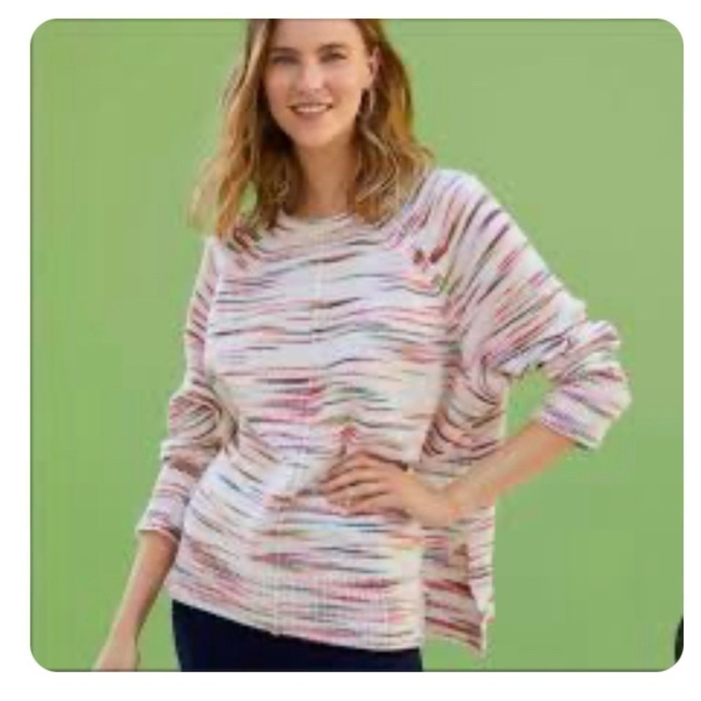 Lou & Grey pink/white striped crew neck soft oversized sweater. MEDIUM